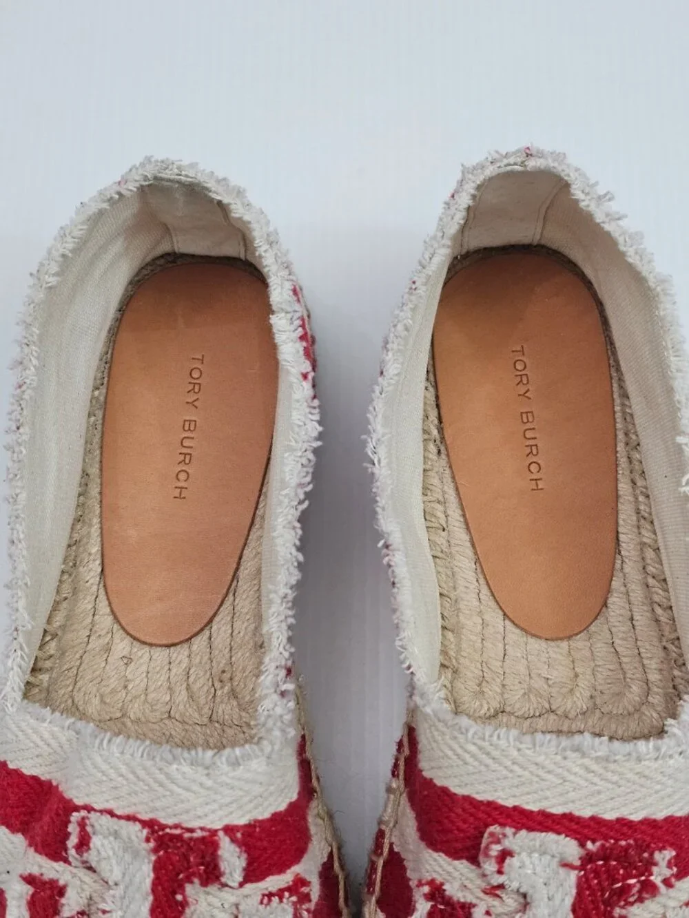 Tory Burch Fray Stripe Espadrille Flats Womens 7.5 Red White Logo Canvas Slip On
